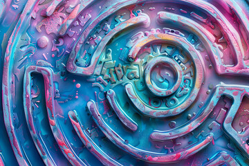 Colorful labyrinth made of wood, the walls and floor form an intricate pattern, rainbow, pink, orange, purple, blue