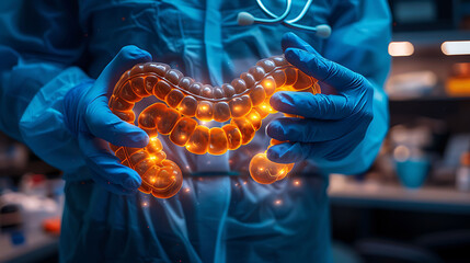 Closeup of doctor hand in gloves holding a glowing wooden duodenum model