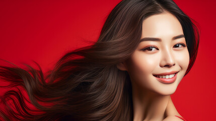 Obraz premium Portrait of a beautiful, sexy, happy smiling Asian woman with long hair, with perfect skin, white background, banner.