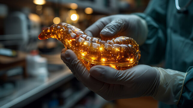 Closeup of doctor hand in gloves holding a glowing wooden pancreas model