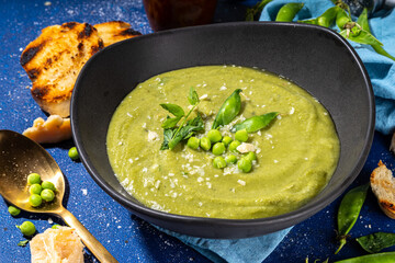 Homemade green pea cream soup