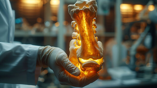 Closeup of doctor hand in gloves holding a glowing wooden humerus model detailing the greater tubercle and trochlea