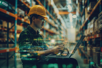 Warehouse Supervisor Using Laptop with Digital Interface. Concept of Technological Advancement in Inventory Management. Background of Smart Technology and Efficiency.