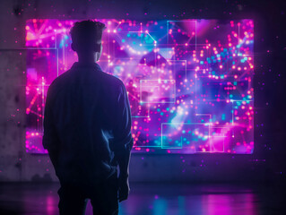 Character looks at the luminous screen at night time colorful 3d illustration