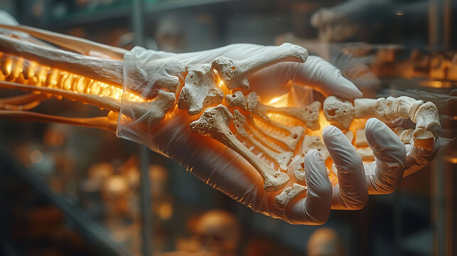 Closeup of doctor hand in gloves holding a glowing wooden humerus model detailing the greater tubercle and trochlea