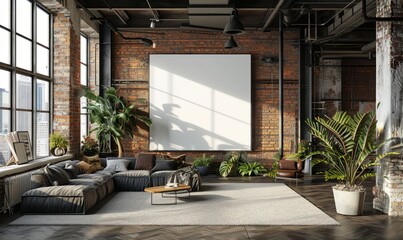 Fototapeta premium Industrial loft with a blank canvas on the wall
