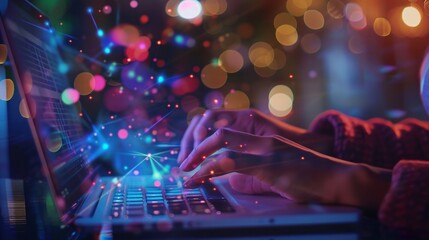 Software developer uses a laptop with vibrant data and network visualizations