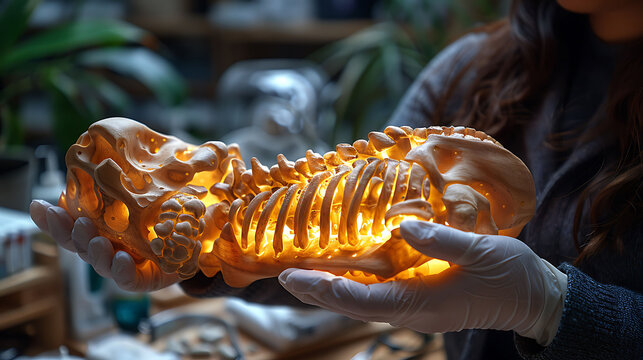 Closeup of doctor hand in gloves holding a glowing wooden carpal bones model with the scaphoid lunate and triquetrum
