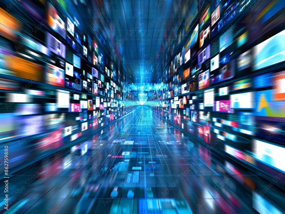 Poster corridor with video screens displaying digital information flow