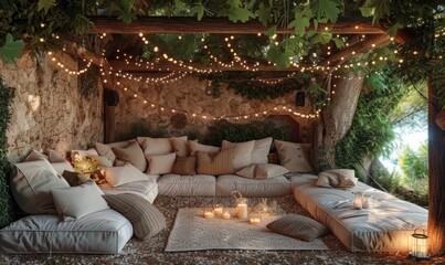 Fototapeta premium A cozy outdoor seating area with string lights and cushions