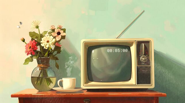 Antique tv with flower vase and hot coffee in a room. Seamless loop video background