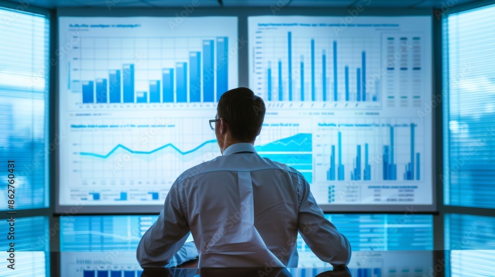 Poster a businessman making a presentation with a financial graph on a projection screen in a corporate con