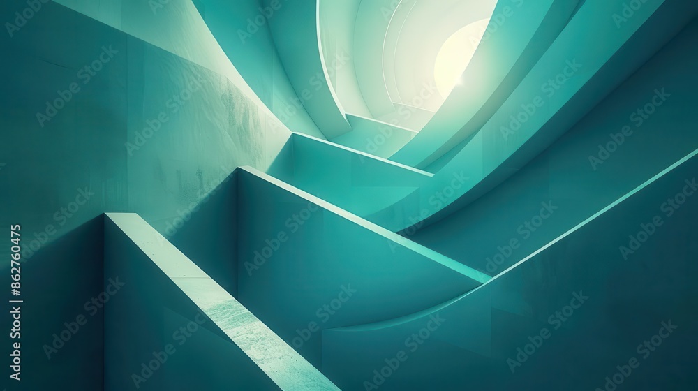 Poster abstract geometric shapes on a bright teal background, blending sharp edges with fluid lines for a d
