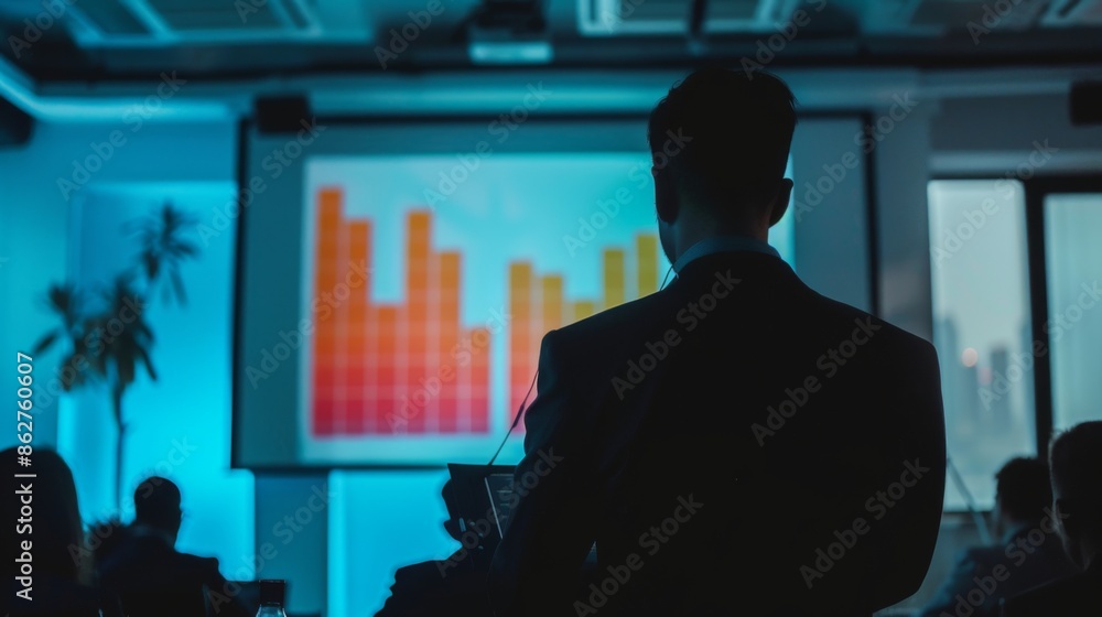 Poster a businessperson presenting a bar graph on a projector screen during a corporate meeting in a modern