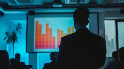 A businessperson presenting a bar graph on a projector screen during a corporate meeting in a modern conference room