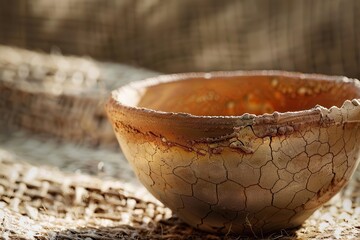 Fototapeta premium Close-up of textured clay pottery on a natural beige background, showcasing the craftsmanship and aesthetic allure of artisanal creations.