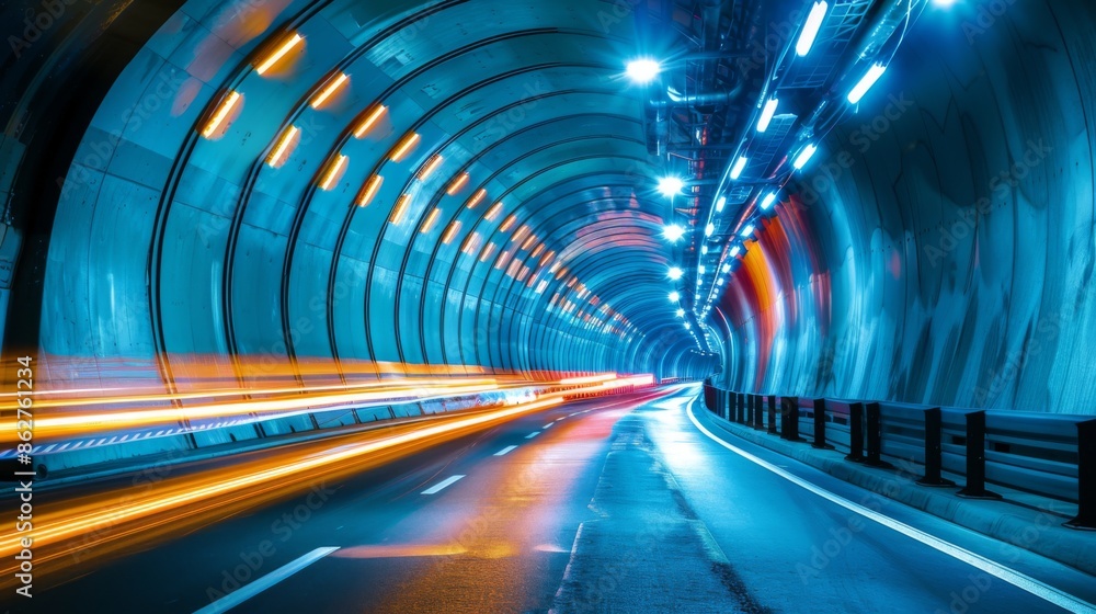 Poster A car passing through a tunnel with dramatic lighting, showcasing modern infrastructure and transportation routes