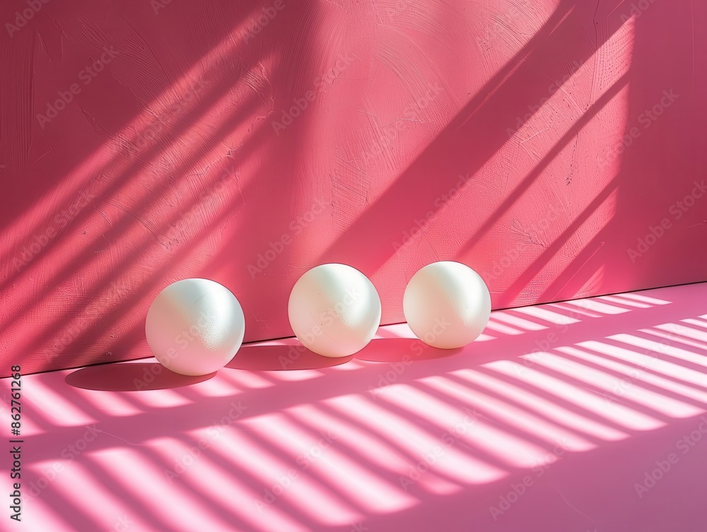 Poster minimalist white objects casting shadows on a vibrant magenta background, creating a play of light a