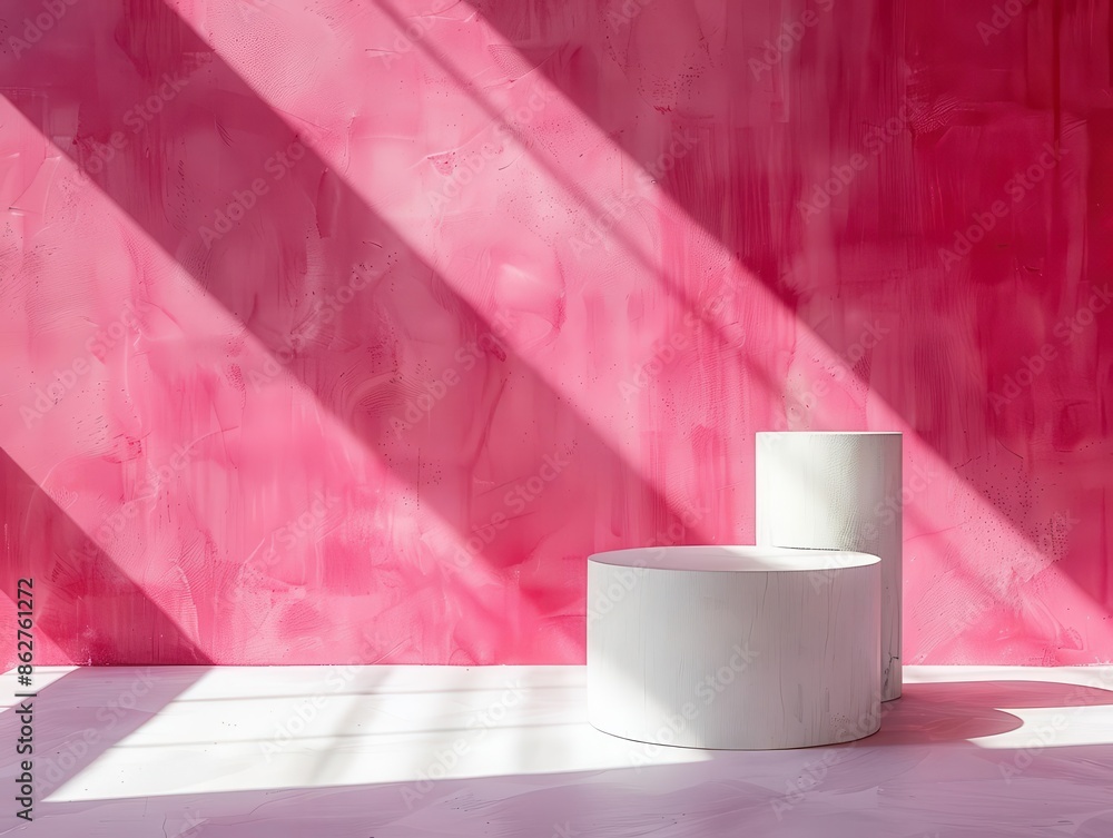 Poster minimalist white objects casting shadows on a vibrant magenta background, forming a captivating inte