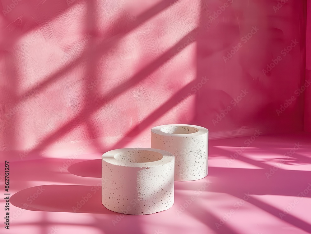 Poster minimalist white objects casting shadows on a vibrant magenta background, adding depth and dimension