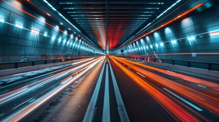 A car passing through a tunnel with dramatic lighting, showcasing modern infrastructure and transportation routes