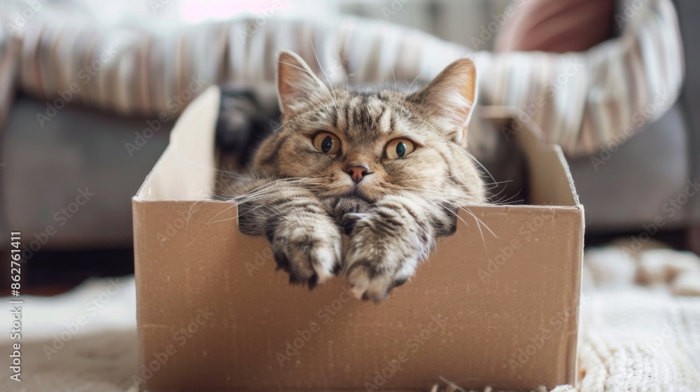Poster a chunky cat attempting to fit into a small cardboard box, showing a cute yet comical struggle.