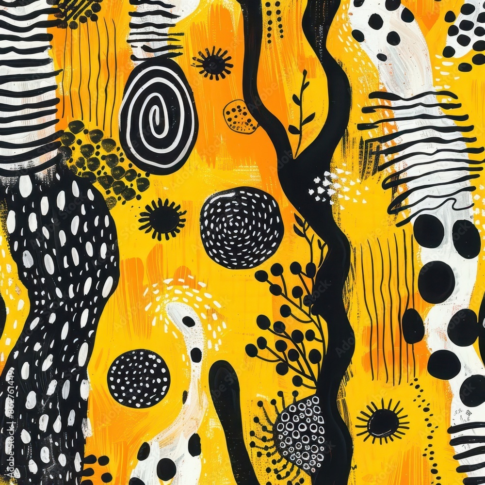 Poster hand-drawn whimsical patterns in black and white on a bright yellow background, adding a touch of wh