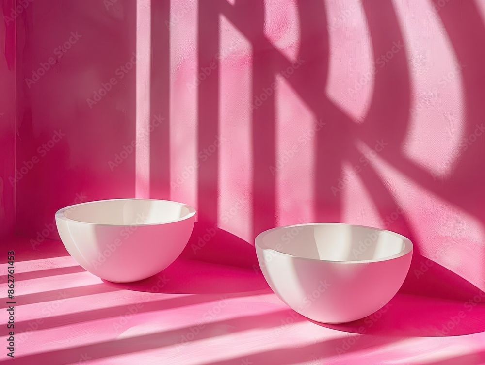Poster minimalist white objects casting shadows on a vibrant magenta background, illuminating the space wit