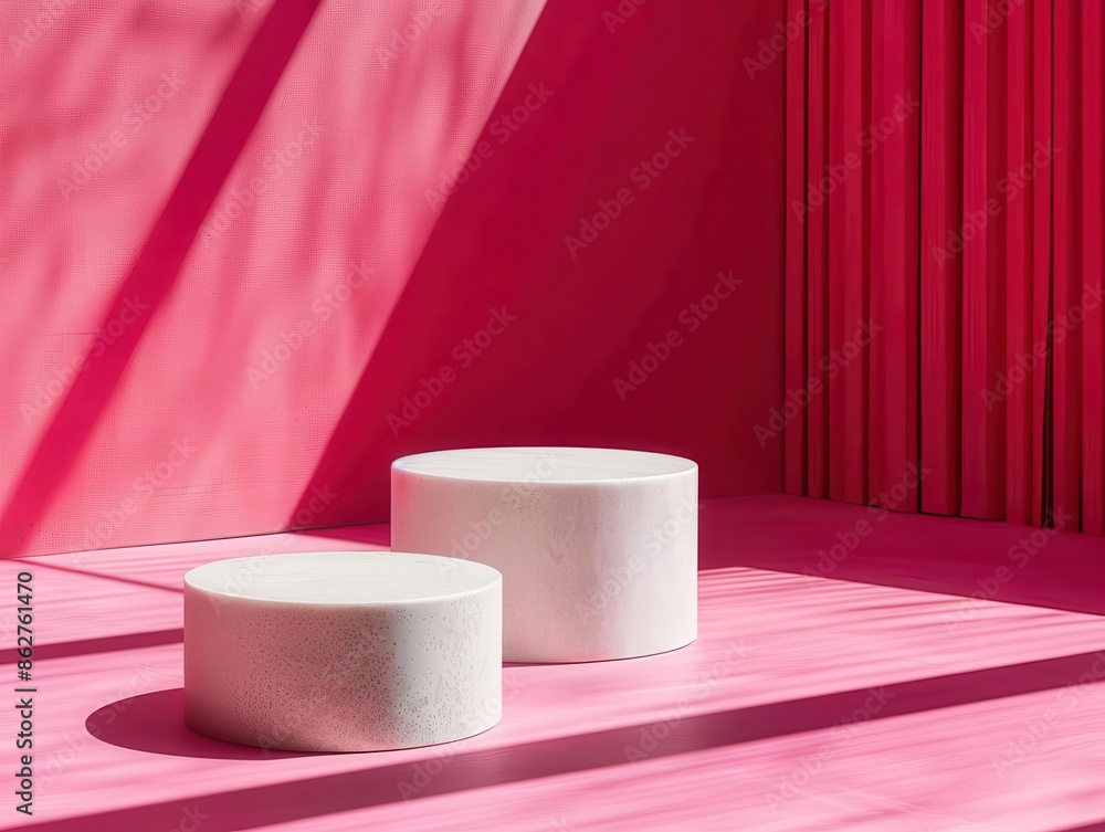 Poster minimalist white objects casting shadows on a vibrant magenta background, forming a captivating inte