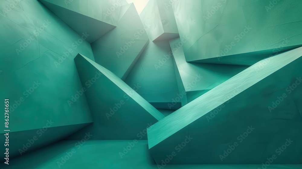 Poster abstract geometric shapes on a bright teal background, blending sharp edges with fluid lines for a d