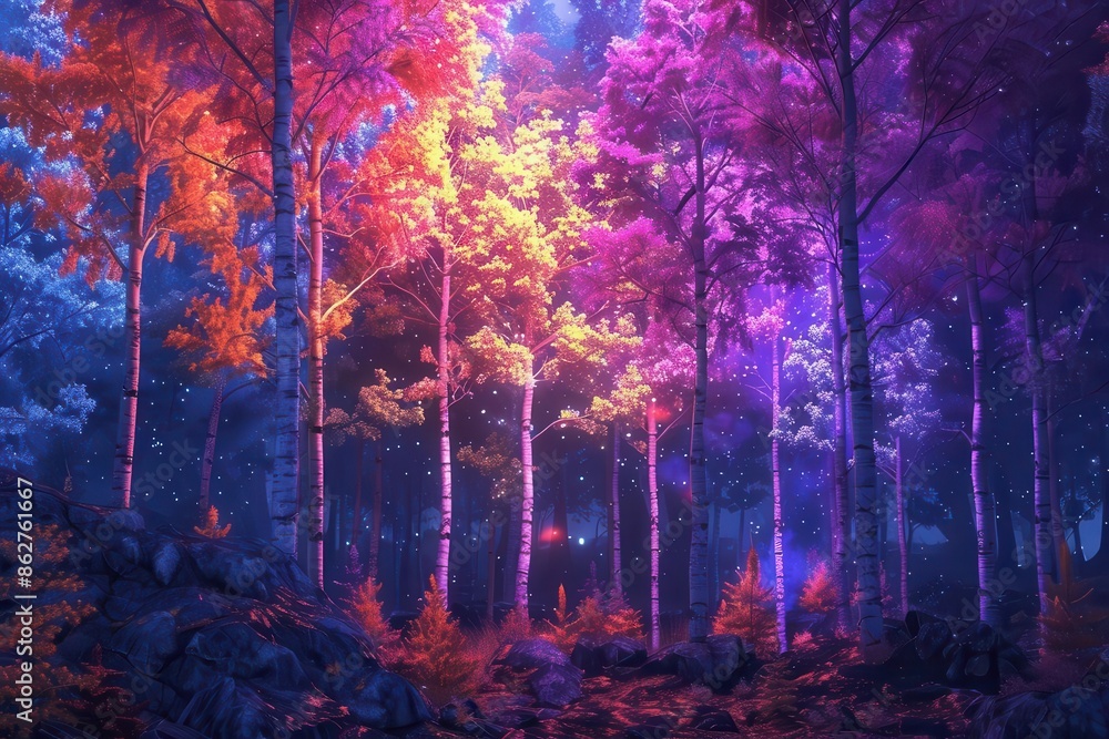 Aufkleber surreal forest scene with multicolored trees on a deep purple background, creating a magical ambianc