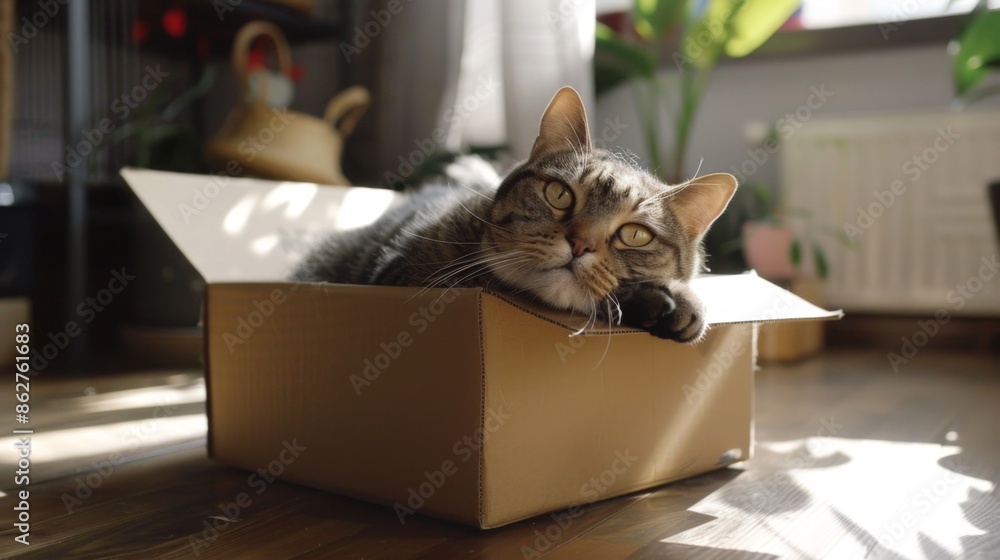 Poster a chunky cat attempting to fit into a small cardboard box, showing a cute yet comical struggle.