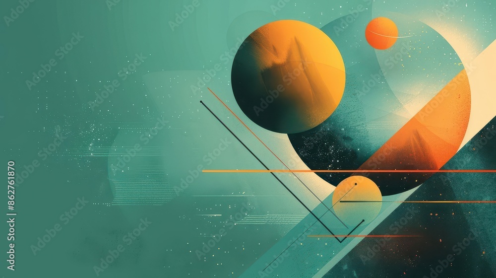 Poster vibrant teal background showcases abstract shapes blending sharp edges with fluid lines, creating an