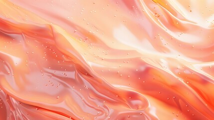 Caramel syrupy thick appetizing liquid with orange and grapefruit colored bubbles moves in waves