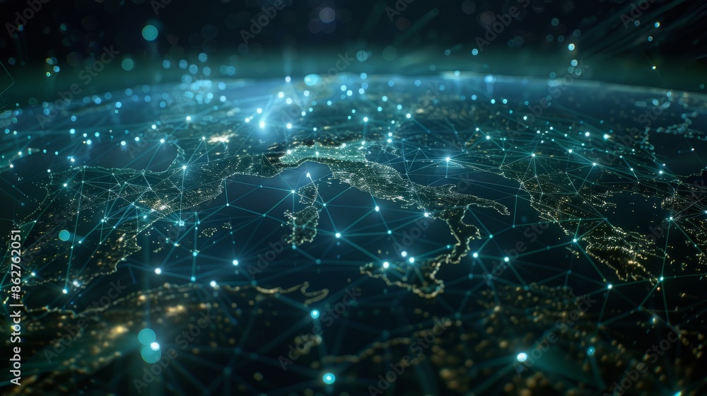 Poster nighttime view of earth with internet network connecting europe in abstract form
