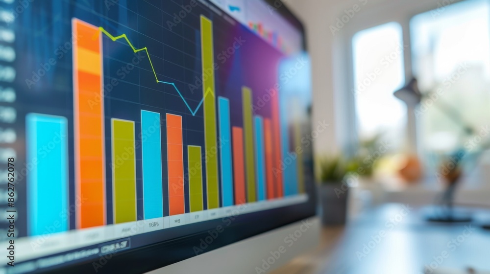 Leinwandbilder A close-up of a computer screen displaying a colorful bar graph with various data points, representing business growth.