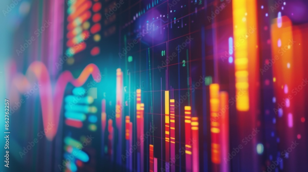 Leinwandbilder A close-up of a computer screen displaying a colorful bar graph with various data points, representing business growth.