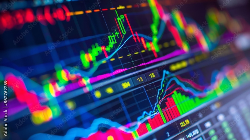 Poster A close-up of a computer screen displaying a detailed financial graph with fluctuating stock prices in various colors.