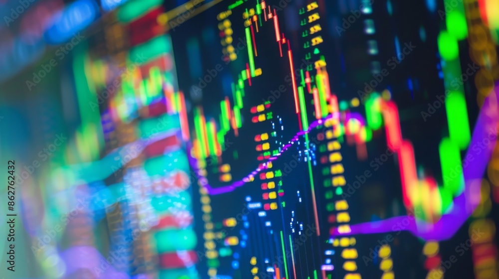 Aufkleber A close-up of a computer screen displaying a detailed financial graph with fluctuating stock prices in various colors.