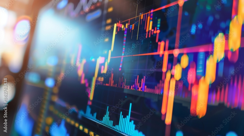 Poster A close-up of a computer screen displaying a detailed financial graph with fluctuating stock prices in various colors.