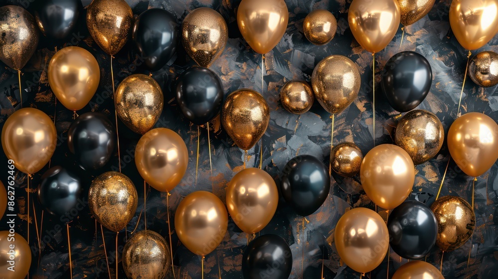 Wall mural A wall covered in gold and black balloons. The gold balloons are larger and more prominent than the black ones. The balloons are scattered all over the wall, creating a festive