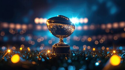 golden award cup placed in american football stadium, super bowl tournament