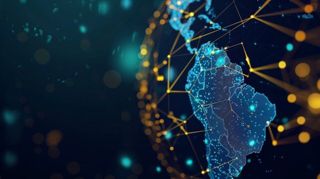 Global artificial intelligence symbolized by abstract planet earth and network grid data