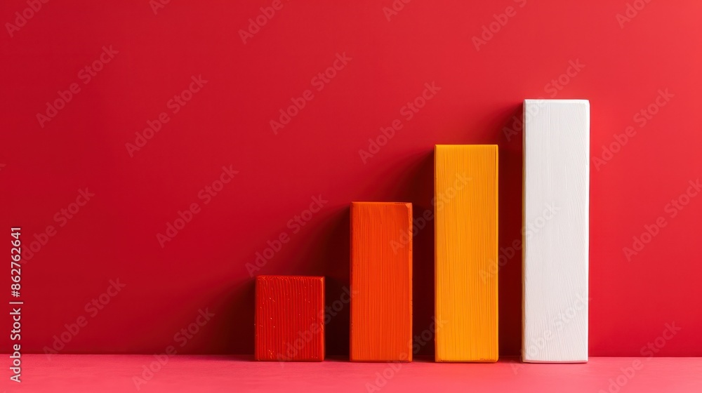 Fototapete A row of wooden blocks with a red background. The blocks are stacked in a way that they look like a graph