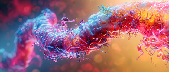 Fototapeta premium 3d model of stomach where muscular layer depicted textured deep red band Highlight gastric gland contrasting shade of blue green creating striking visual effect Place stomach within soft gradient