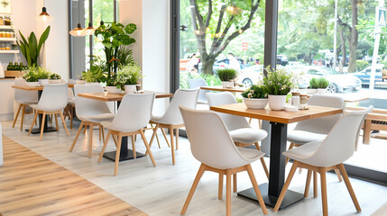 Fototapeta premium Cafe interior with wooden furniture. Bright and cozy dining area
