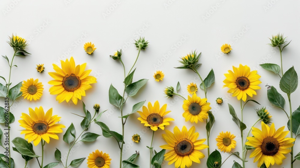 Poster a close up of a bunch of yellow flowers with green leaves. the flowers are arranged in a way that th