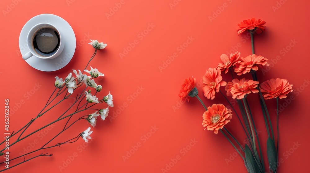 Poster a cup of coffee is on a table next to a vase of flowers. the flowers are orange and white, and they 