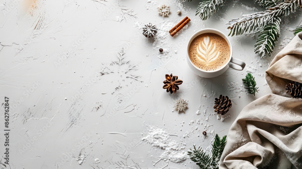 Poster a white background with a cup of coffee and a bunch of pine cones. the image conveys a cozy and fest