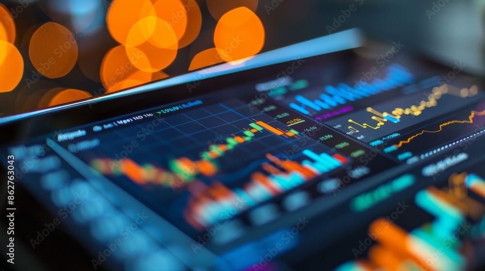 Poster A close-up of a digital tablet displaying financial graphs and data analysis software used by a professional investor